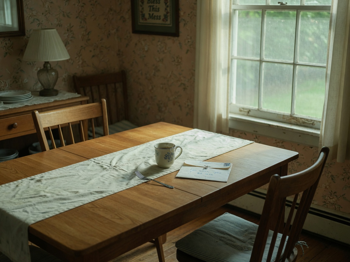 Empty dining table by a window in late afternoon light